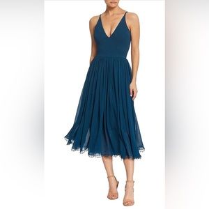 Formal Navy Spaghetti-strap midi dress with lace hem